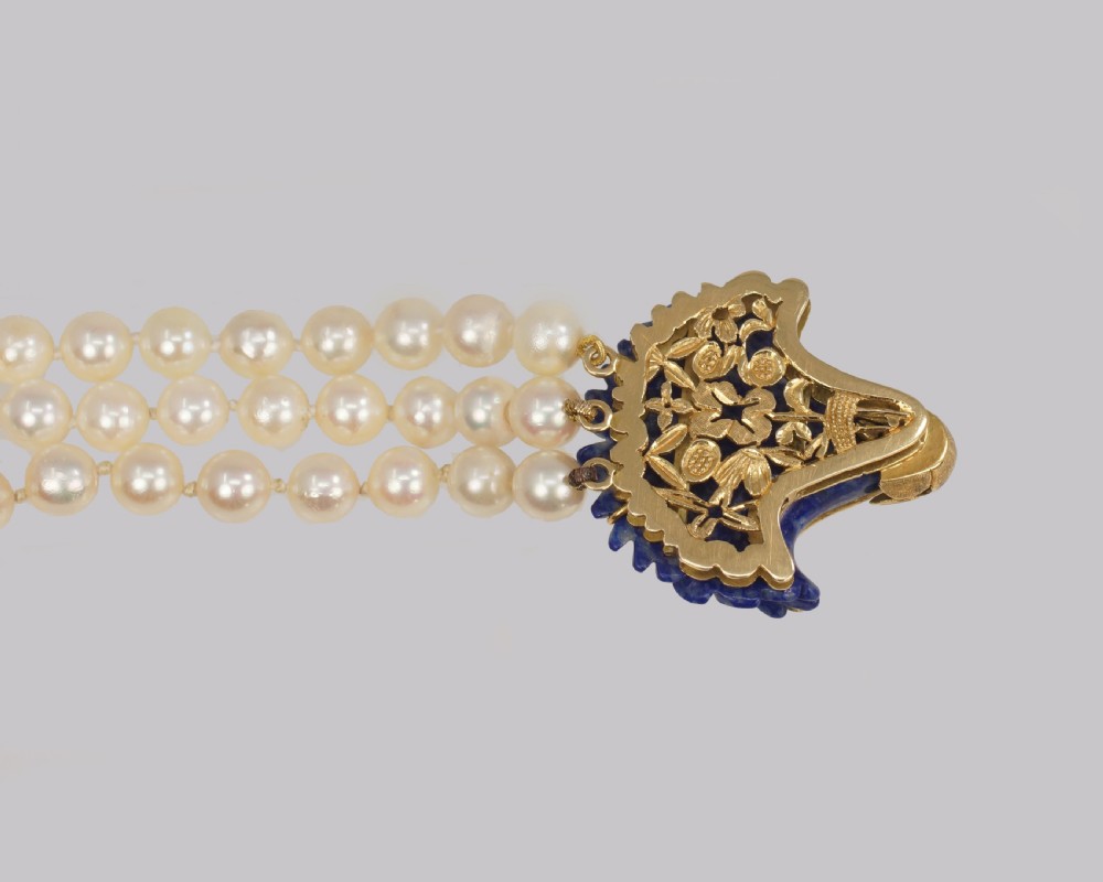 Vintage Pearl Necklace 18ct Gold Lapis Lazuli Clasp Triple Strand 24