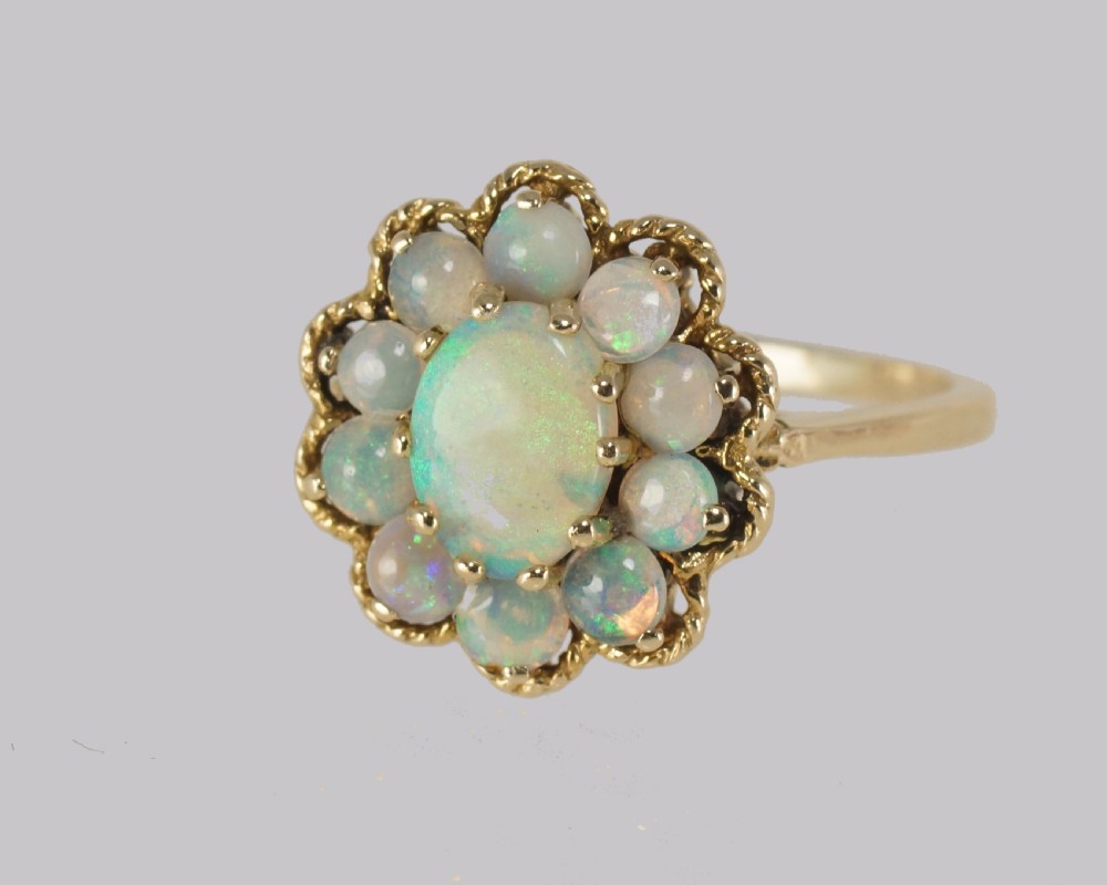 Vintage Opal Cluster Ring 14ct Gold 1960s Rope Work Victorian Style Opal Ring View III