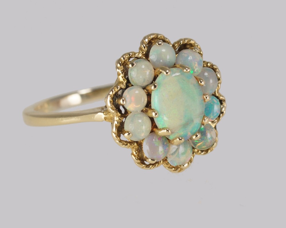 Vintage Opal Cluster Ring 14ct Gold 1960s Rope Work Victorian Style Opal Ring View IV