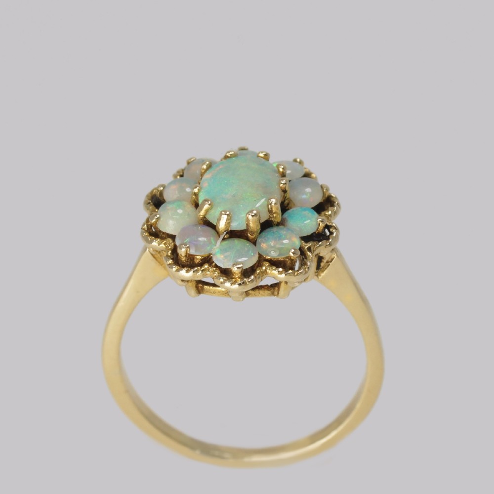 Vintage Opal Cluster Ring 14ct Gold 1960s Rope Work Victorian Style Opal Ring View VI
