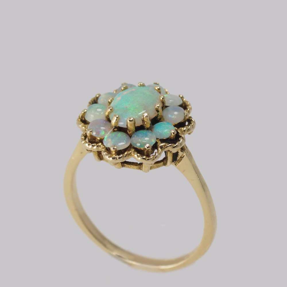 Vintage Opal Cluster Ring 14ct Gold 1960s Rope Work Victorian Style Opal Ring View VII