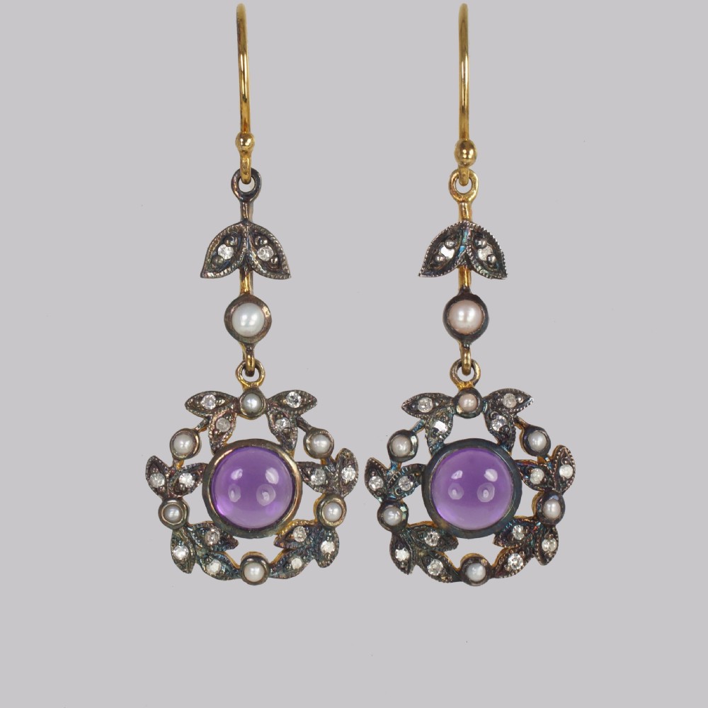 Vintage Amethyst Diamond & Pearl Drop Earrings 18ct Gold Victorian Style Dangle earrings