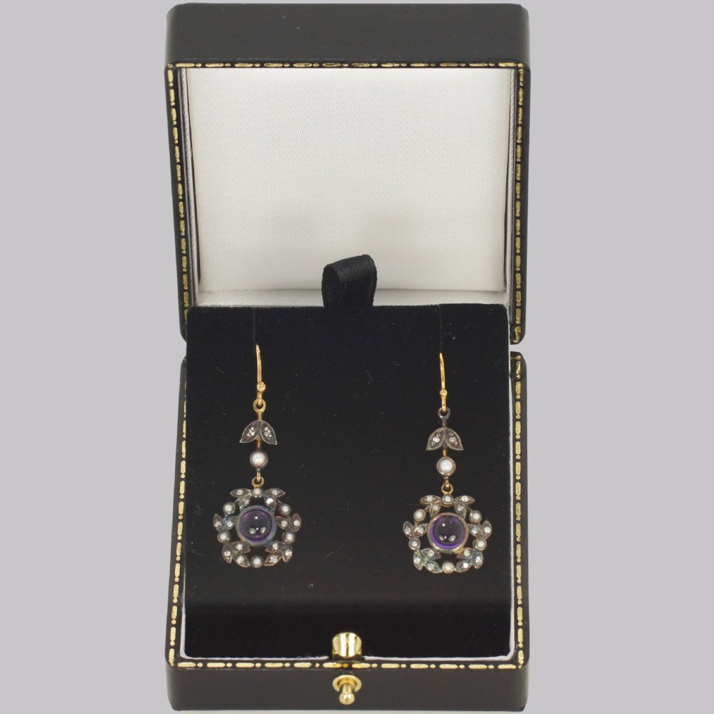 Vintage Amethyst Diamond & Pearl Drop Earrings 18ct Gold Victorian Style Dangle earrings View II
