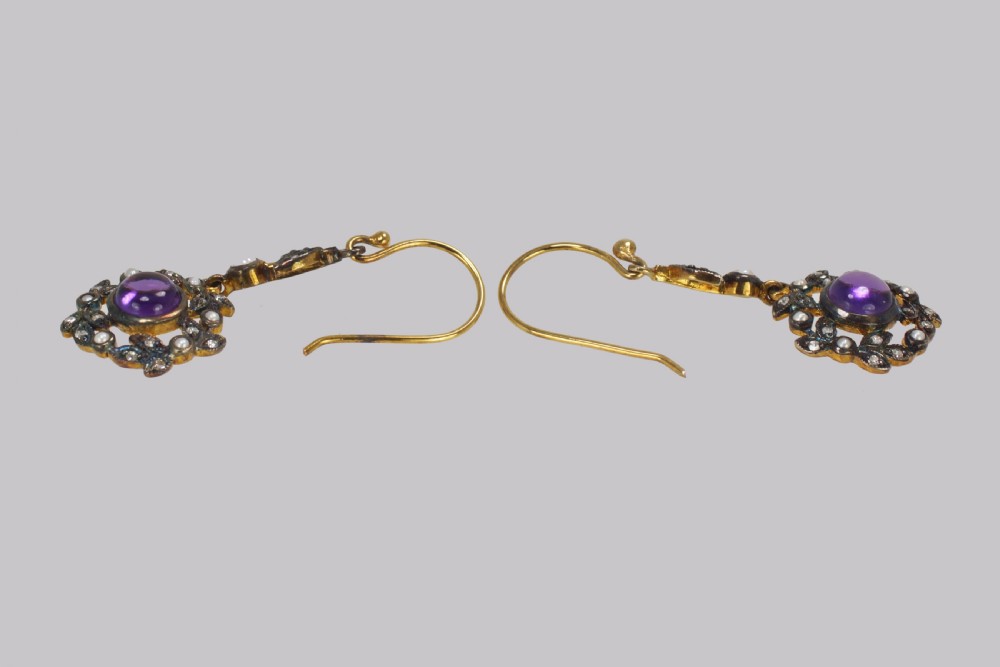 Vintage Amethyst Diamond & Pearl Drop Earrings 18ct Gold Victorian Style Dangle earrings View III