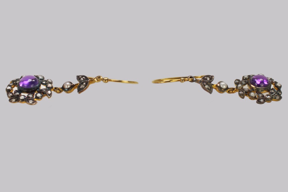 Vintage Amethyst Diamond & Pearl Drop Earrings 18ct Gold Victorian Style Dangle earrings View IV