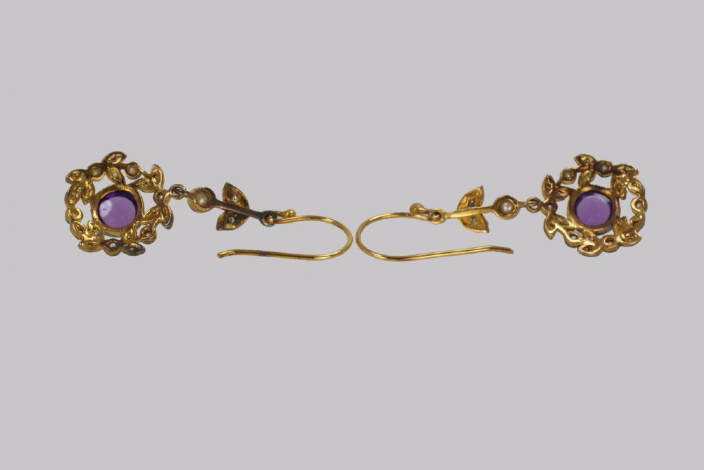 Vintage Amethyst Diamond & Pearl Drop Earrings 18ct Gold Victorian Style Dangle earrings View V