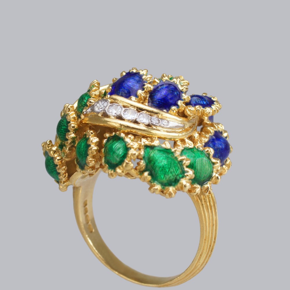 Vintage Kutchinsky Diamond and Blue & Green Enamel Ring 18ct Gold Bombé Ring