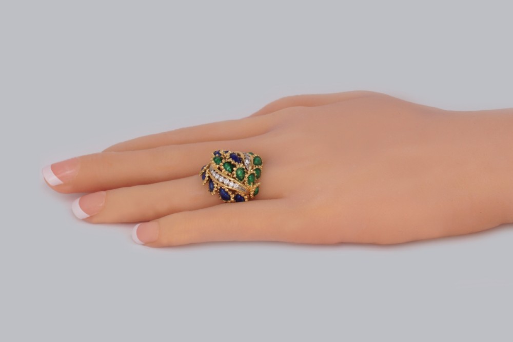 Vintage Kutchinsky Diamond and Blue & Green Enamel Ring 18ct Gold Bombé Ring View II