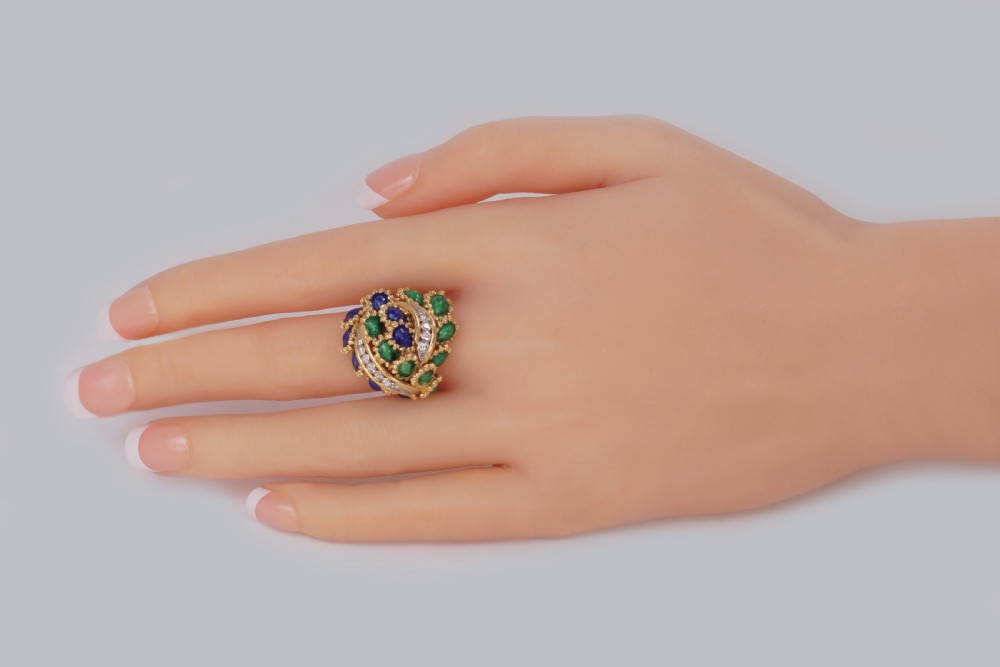 Vintage Kutchinsky Diamond and Blue & Green Enamel Ring 18ct Gold Bombé Ring View VI