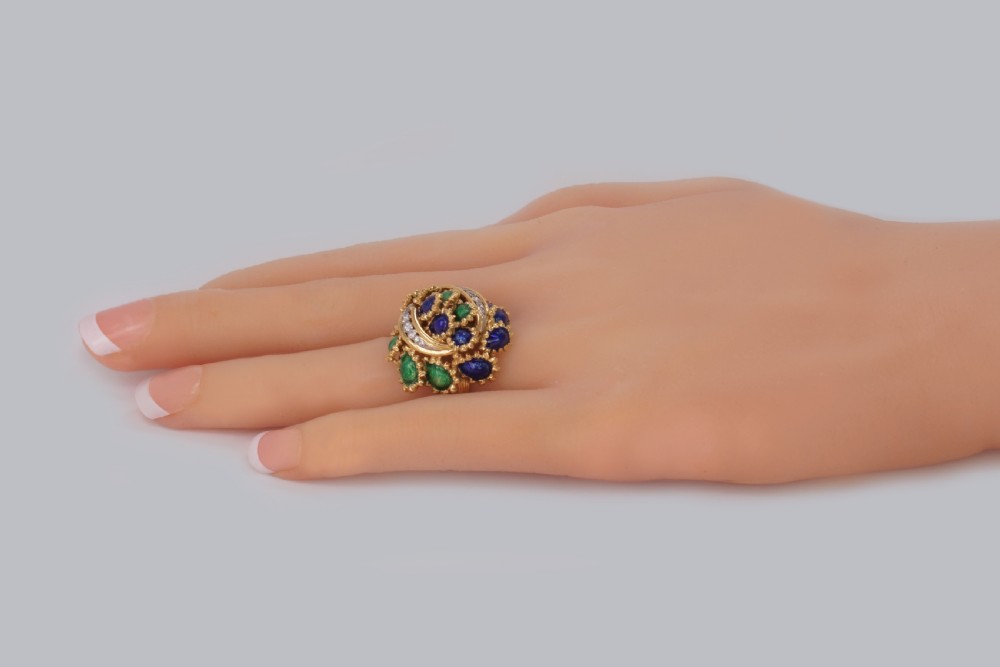 Vintage Kutchinsky Diamond and Blue & Green Enamel Ring 18ct Gold Bombé Ring View VIII