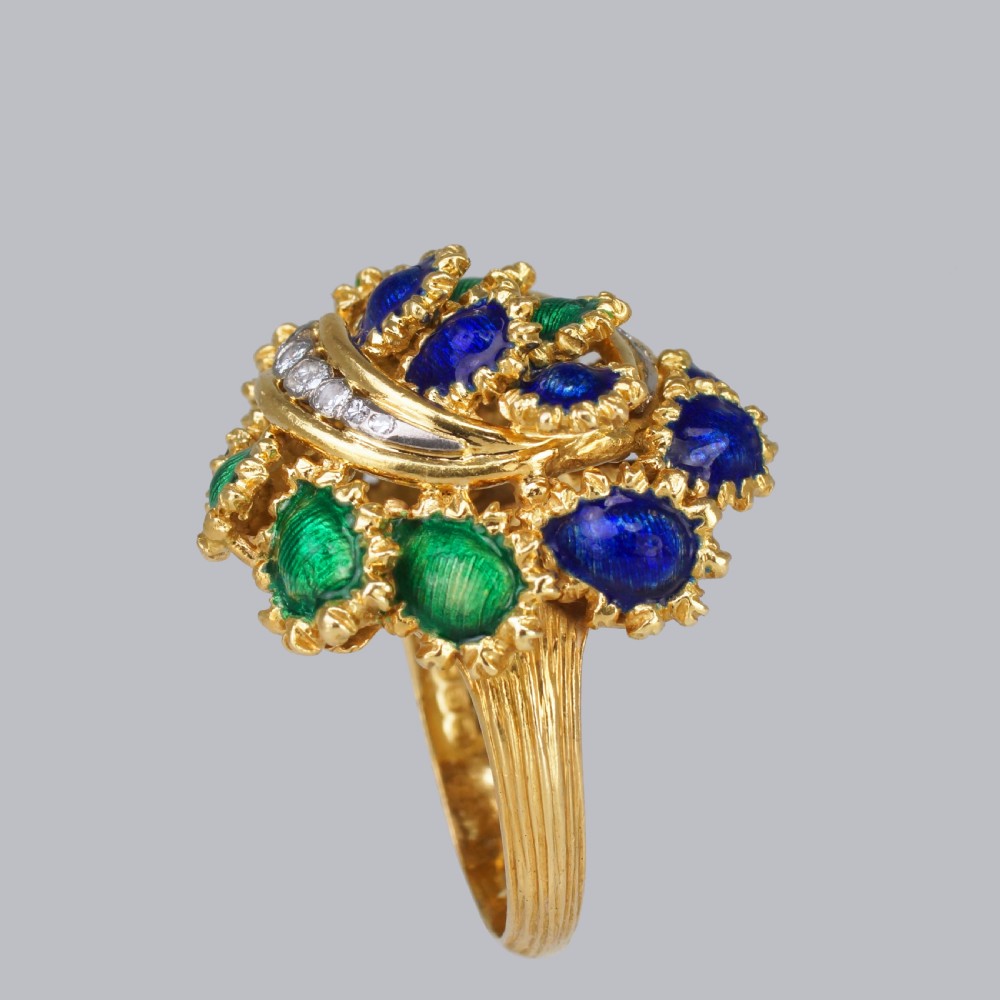Vintage Kutchinsky Diamond and Blue & Green Enamel Ring 18ct Gold Bombé Ring View IX