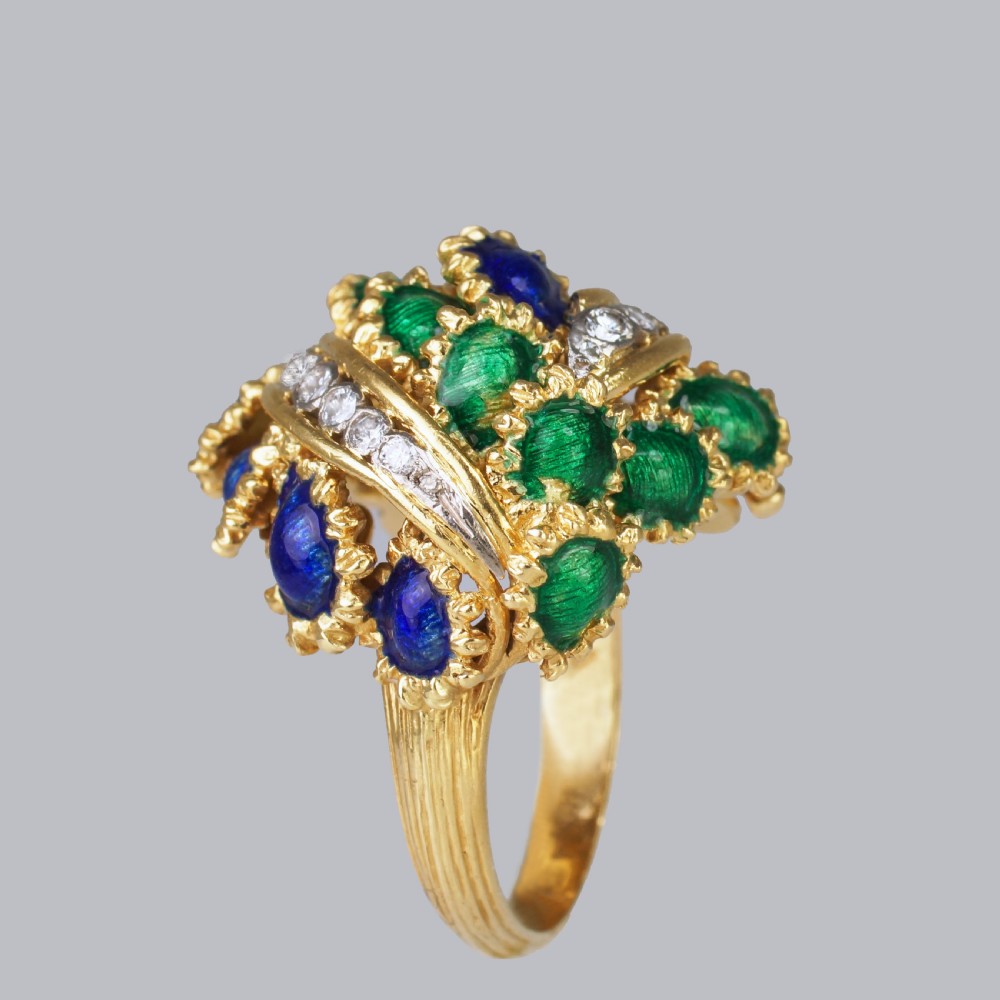 Vintage Kutchinsky Diamond and Blue & Green Enamel Ring 18ct Gold Bombé Ring View X