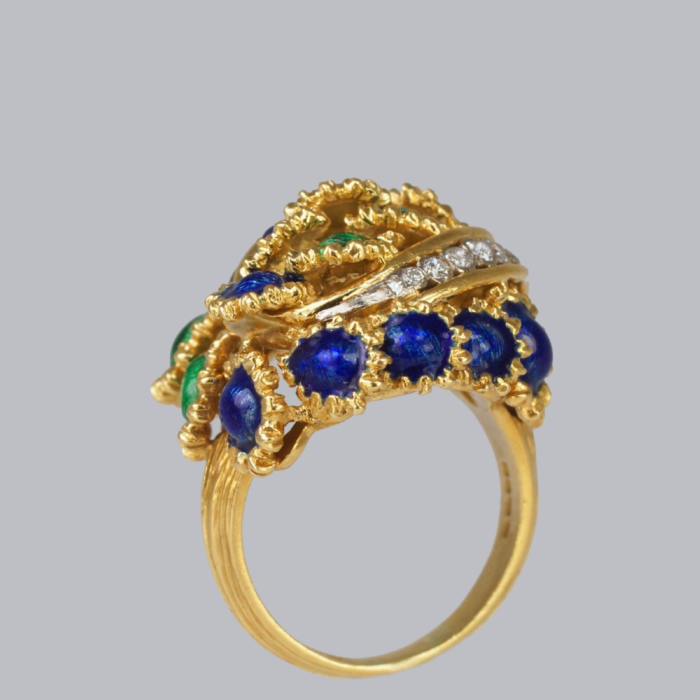Vintage Kutchinsky Diamond and Blue & Green Enamel Ring 18ct Gold Bombé Ring View XI