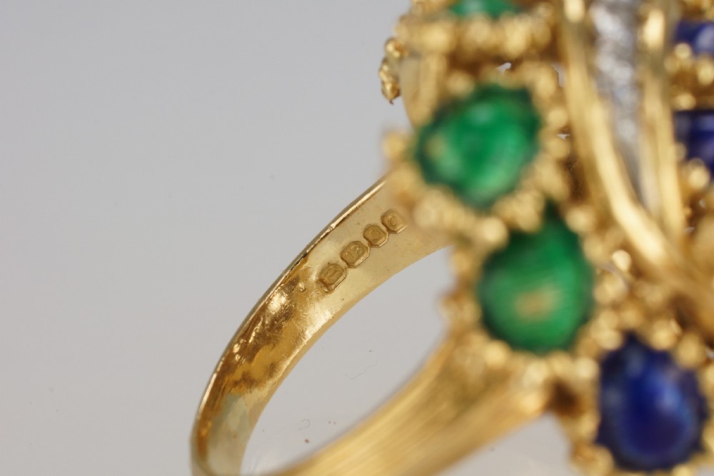 Vintage Kutchinsky Diamond and Blue & Green Enamel Ring 18ct Gold Bombé Ring View XVI