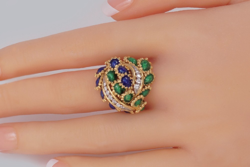 Vintage Kutchinsky Diamond and Blue & Green Enamel Ring 18ct Gold Bombé Ring View XX