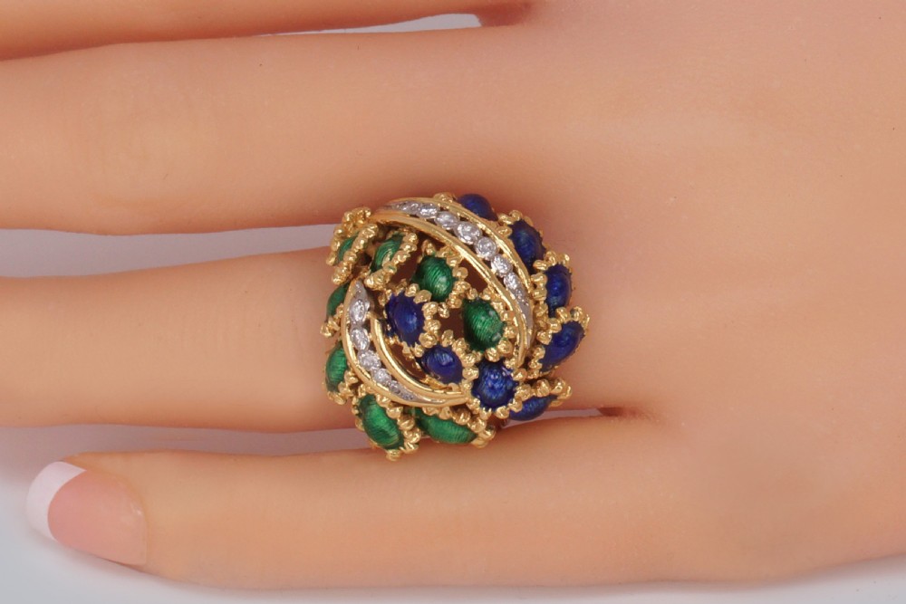 Vintage Kutchinsky Diamond and Blue & Green Enamel Ring 18ct Gold Bombé Ring View XXI