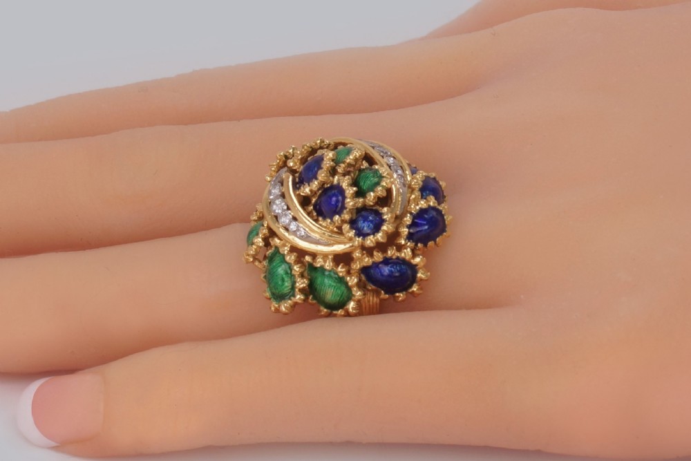Vintage Kutchinsky Diamond and Blue & Green Enamel Ring 18ct Gold Bombé Ring View XXII