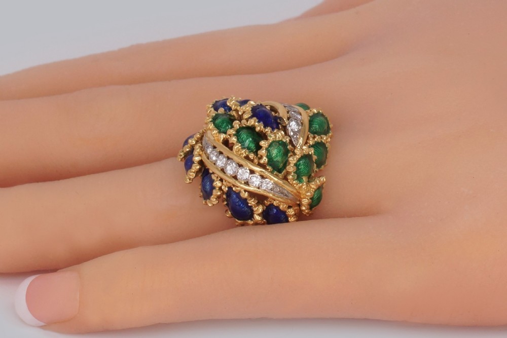 Vintage Kutchinsky Diamond and Blue & Green Enamel Ring 18ct Gold Bombé Ring View XXIII
