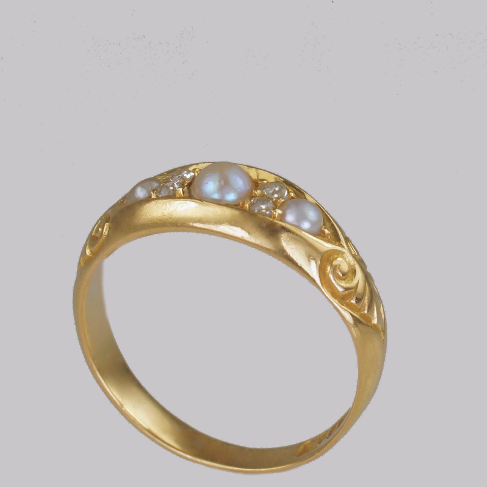 Victorian Pearl & Old Cut Diamond 18ct Gold Antique Boat Ring Birmingham 1894 View IV