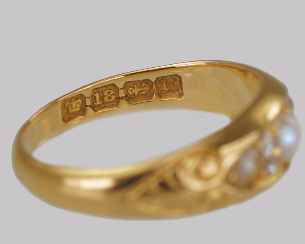 Victorian Pearl & Old Cut Diamond 18ct Gold Antique Boat Ring Birmingham 1894 View V