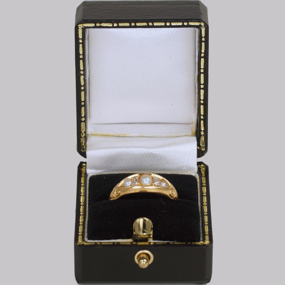 Victorian Pearl & Old Cut Diamond 18ct Gold Antique Boat Ring Birmingham 1894 View VII