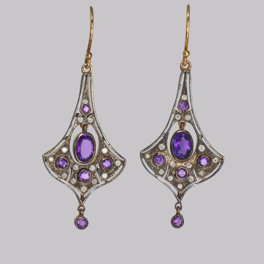 Belle Epoque Amethyst & Diamond Dangle 18ct Gold Edwardian Drop Earrings
