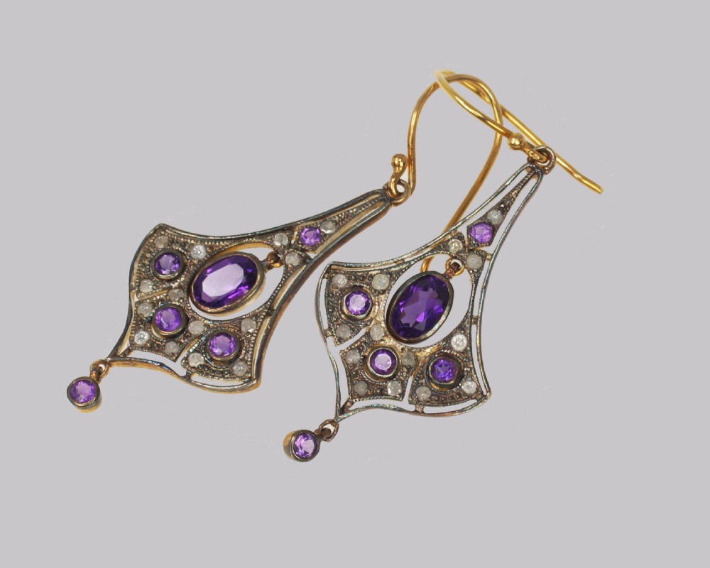 Belle Epoque Amethyst & Diamond Dangle 18ct Gold Edwardian Drop Earrings View II
