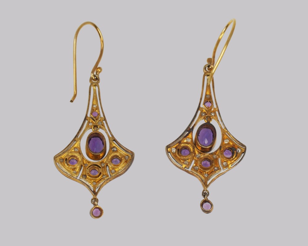 Belle Epoque Amethyst & Diamond Dangle 18ct Gold Edwardian Drop Earrings View IV