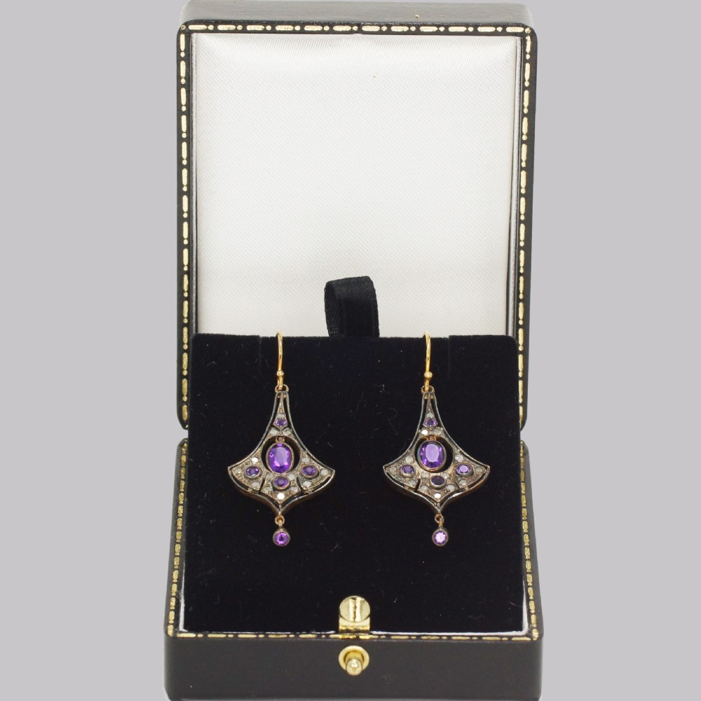 Belle Epoque Amethyst & Diamond Dangle 18ct Gold Edwardian Drop Earrings View V