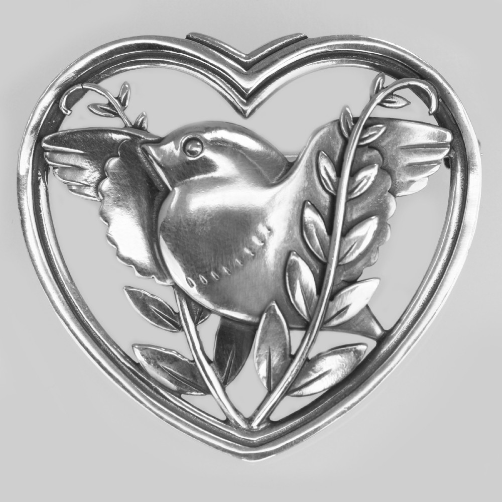 Vintage Georg Jensen Robin in a Heart Brooch Arno Malinowski 1940s Silver 283 Brooch
