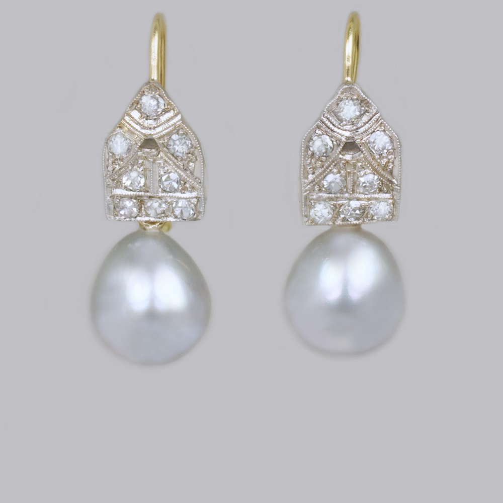 Art Deco Pearl & Diamond Drop Earrings 18ct Gold & Plat Antique 1920's Earrings