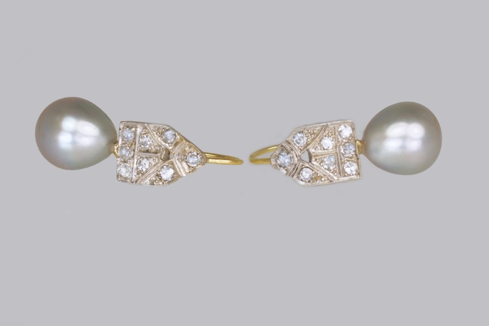 Art Deco Pearl & Diamond Drop Earrings 18ct Gold & Plat Antique 1920's Earrings View II