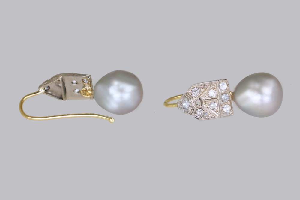 Art Deco Pearl & Diamond Drop Earrings 18ct Gold & Plat Antique 1920's Earrings View III