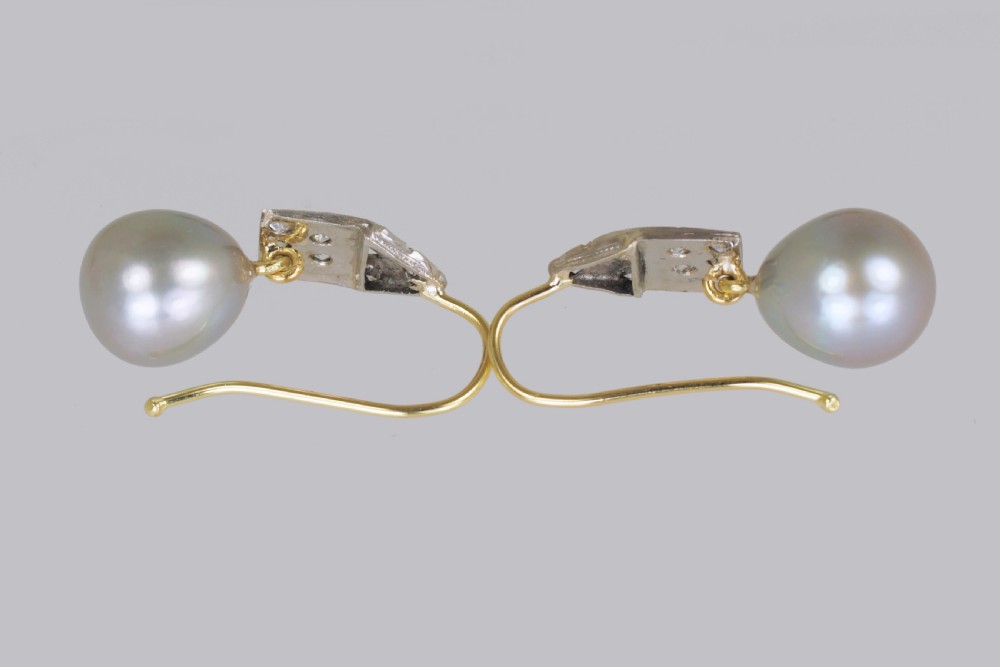 Art Deco Pearl & Diamond Drop Earrings 18ct Gold & Plat Antique 1920's Earrings View V