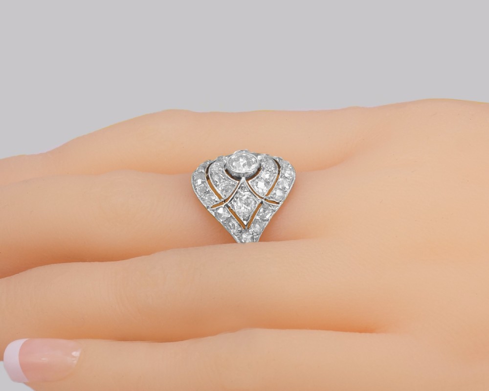 Art Deco 2.5ct Old Cut Diamond Platinum Original 1920's Large Cluster Bombé Ring View V