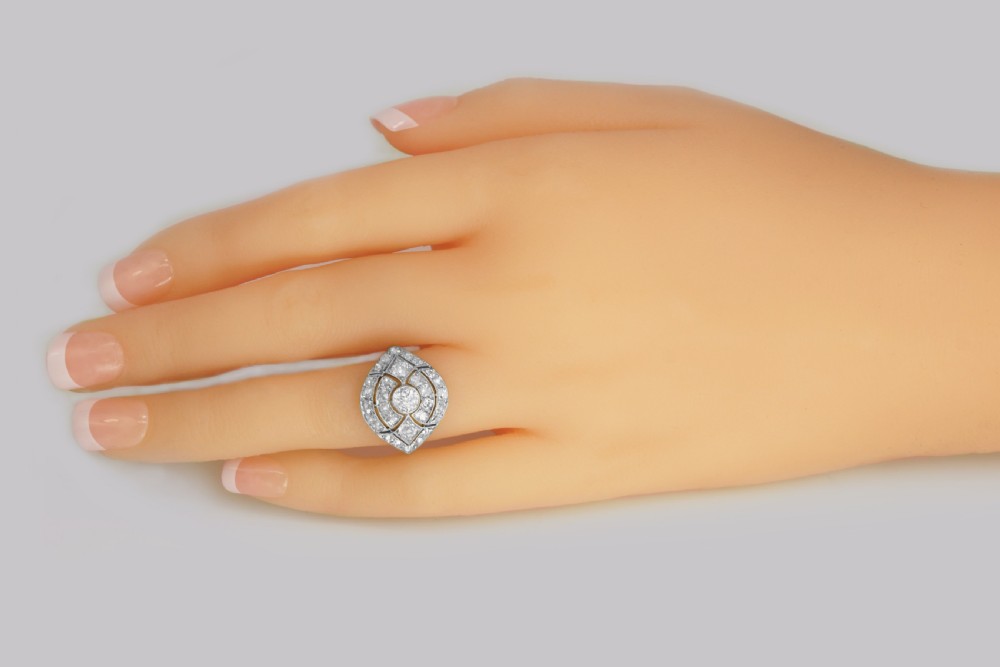 Art Deco 2.5ct Old Cut Diamond Platinum Original 1920's Large Cluster Bombé Ring View XIII