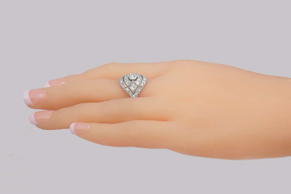 Art Deco 2.5ct Old Cut Diamond Platinum Original 1920's Large Cluster Bombé Ring View XIV