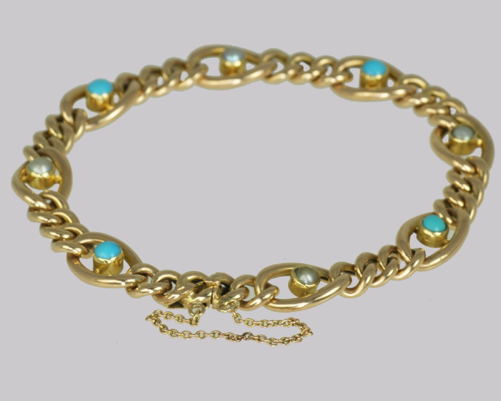 Antique 15ct Gold Turquoise & Pearl Curb Link Bracelet Victorian Bracelet circa 1880 View III