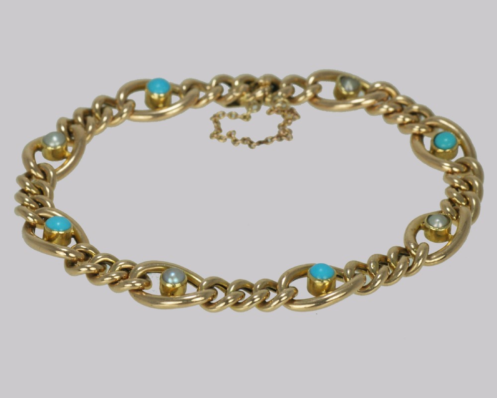 Antique 15ct Gold Turquoise & Pearl Curb Link Bracelet Victorian Bracelet circa 1880 View IV