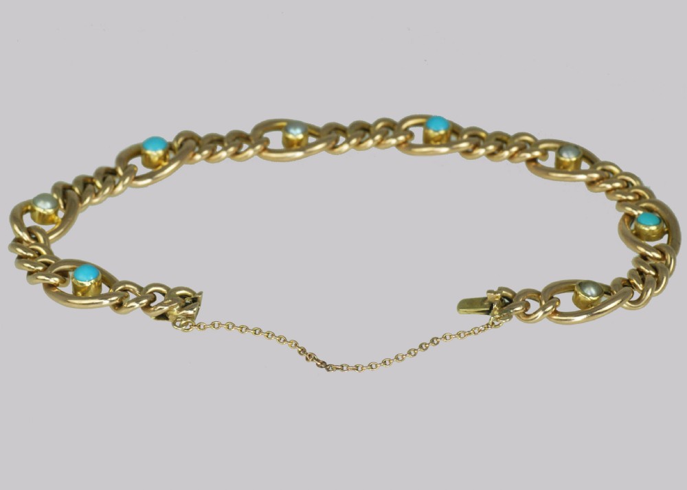Antique 15ct Gold Turquoise & Pearl Curb Link Bracelet Victorian Bracelet circa 1880 View V