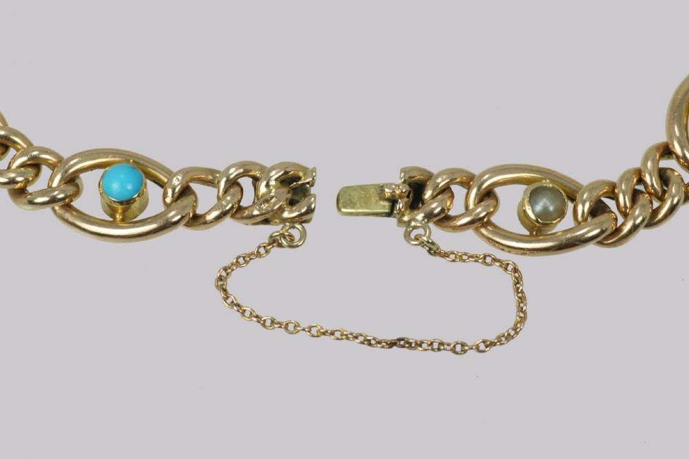 Antique 15ct Gold Turquoise & Pearl Curb Link Bracelet Victorian Bracelet circa 1880 View VI