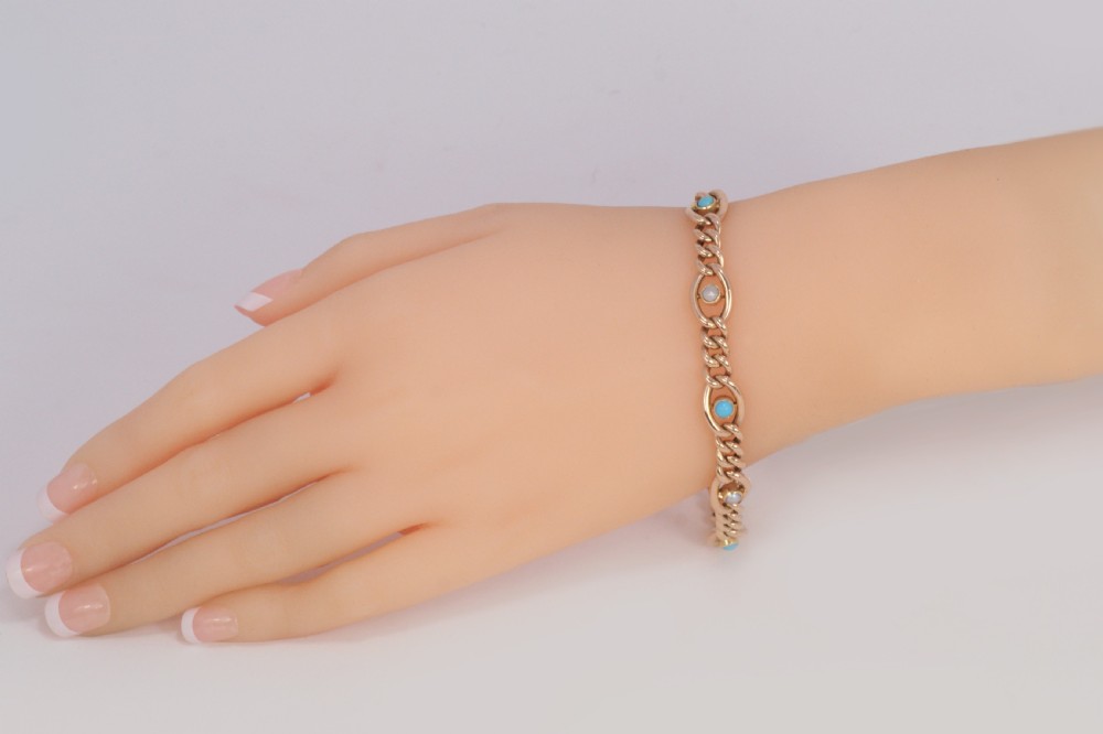 Antique 15ct Gold Turquoise & Pearl Curb Link Bracelet Victorian Bracelet circa 1880 View IX