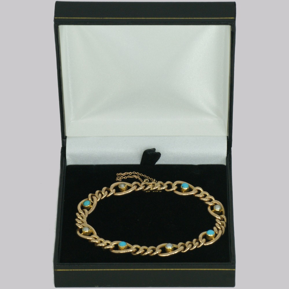 Antique 15ct Gold Turquoise & Pearl Curb Link Bracelet Victorian Bracelet circa 1880 View X