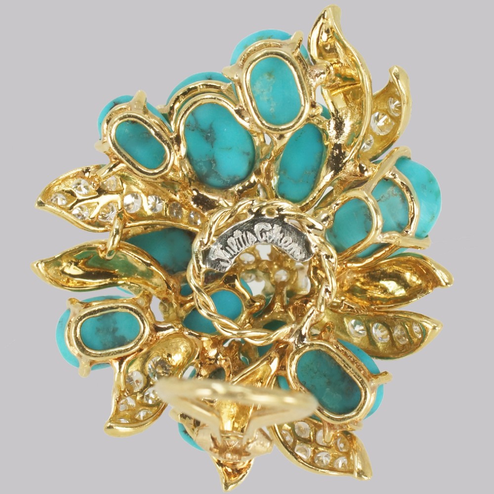 Vintage Julius Cohen Cluster Earrings Turquoise & Diamond 1960s Flower Earrings View III