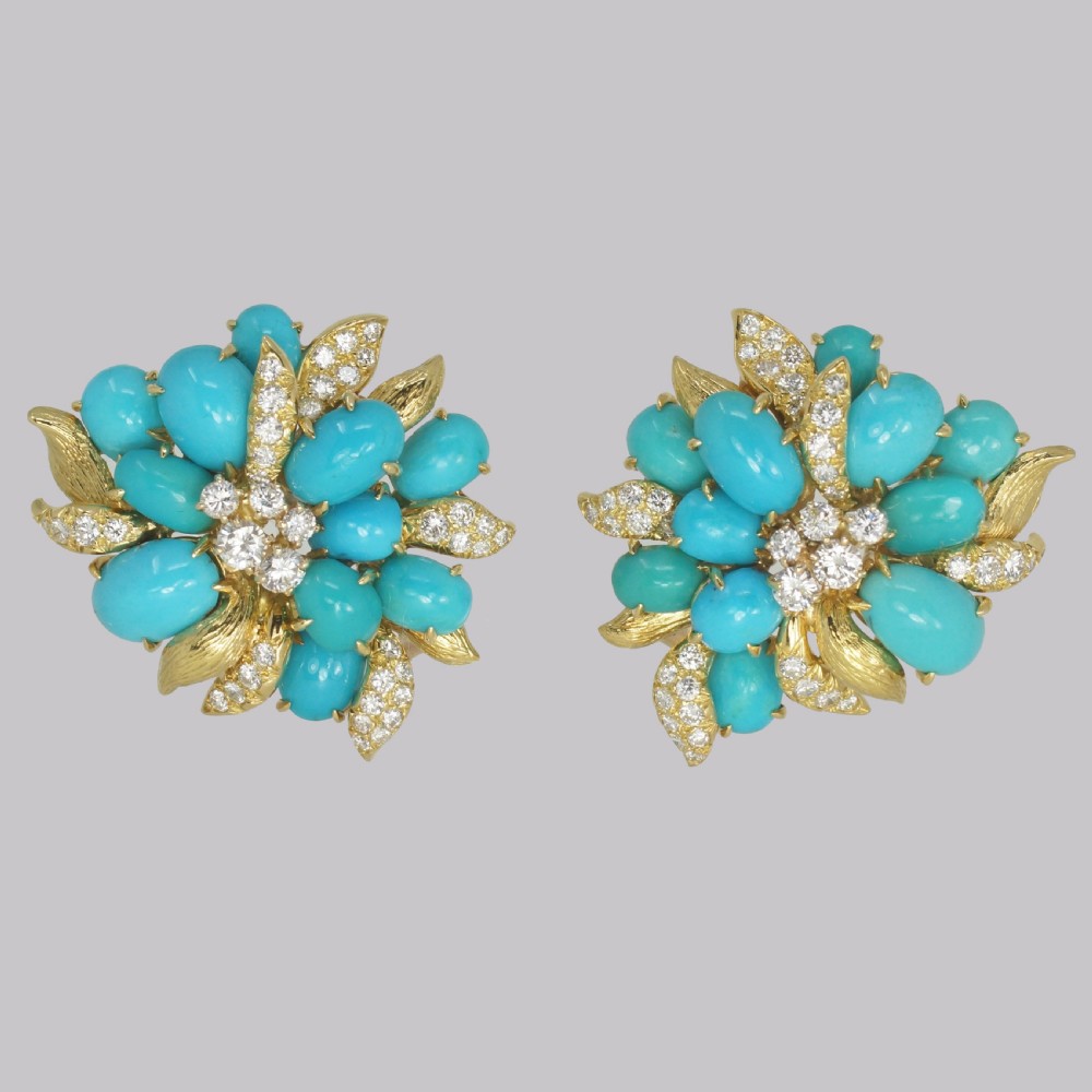 Vintage Julius Cohen Cluster Earrings Turquoise & Diamond 1960s Flower Earrings View IV