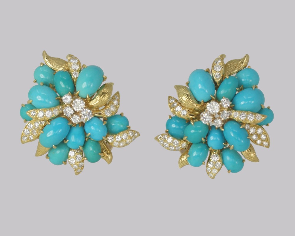 Vintage Julius Cohen Cluster Earrings Turquoise & Diamond 1960s Flower Earrings View X