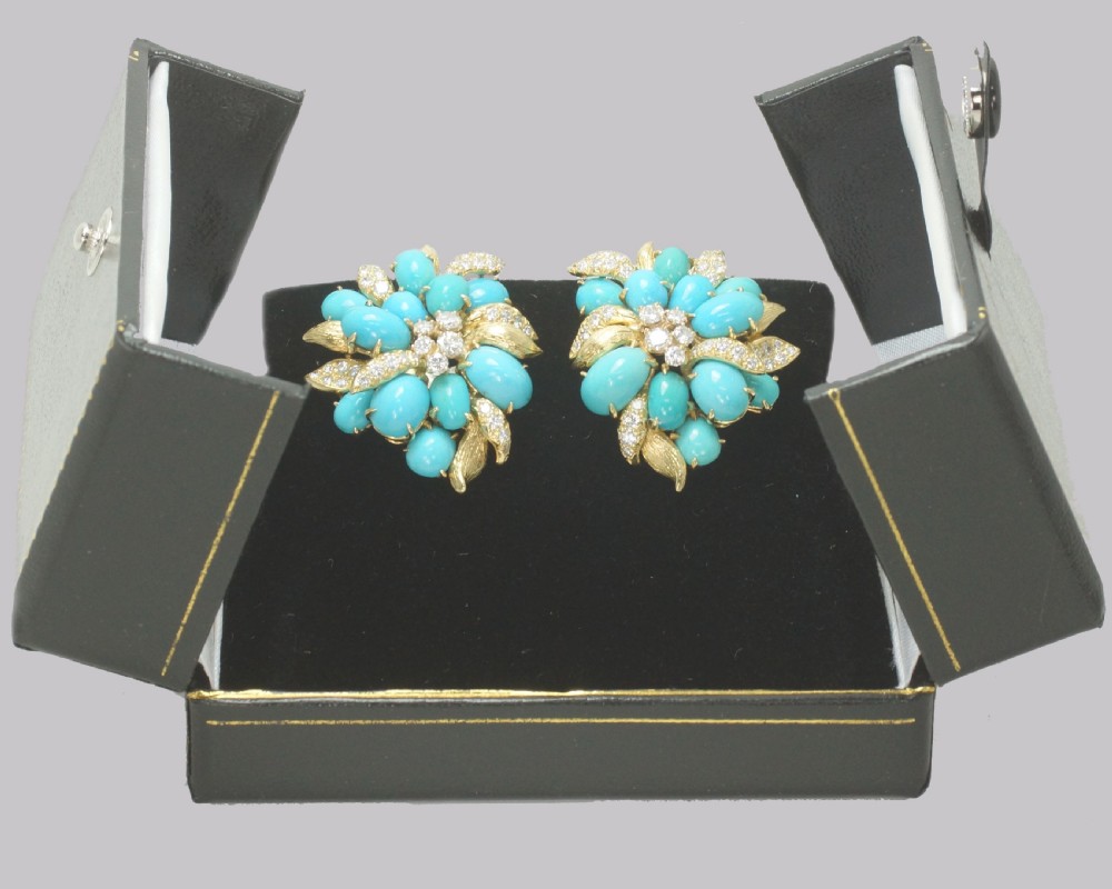 Vintage Julius Cohen Cluster Earrings Turquoise & Diamond 1960s Flower Earrings View XII