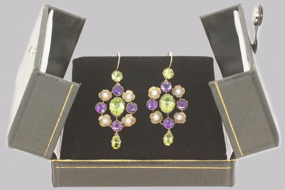 Suffragette Earrings Amethyst Peridot & Pearl 15ct Gold Edwardian Dangle Earrings View III
