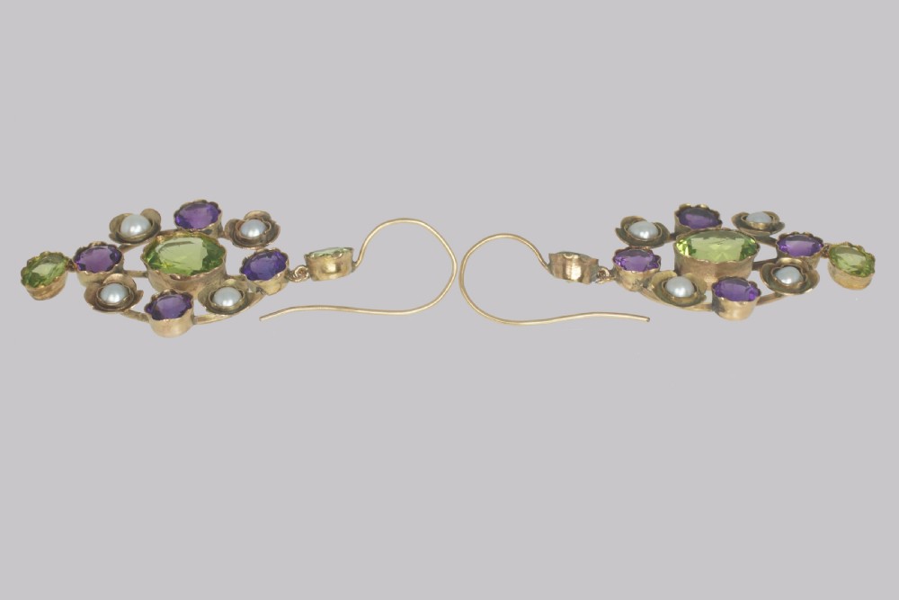 Suffragette Earrings Amethyst Peridot & Pearl 15ct Gold Edwardian Dangle Earrings View IV