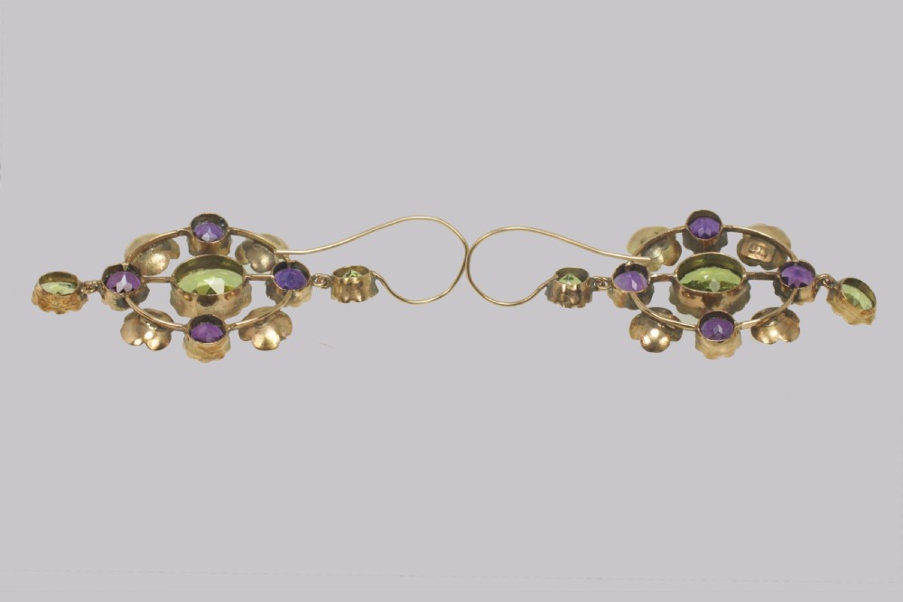 Suffragette Earrings Amethyst Peridot & Pearl 15ct Gold Edwardian Dangle Earrings View V
